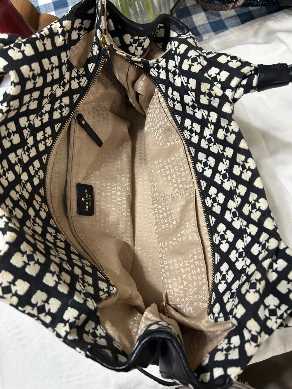 kate spade Black & White Geometric Tote with Pink Stripe